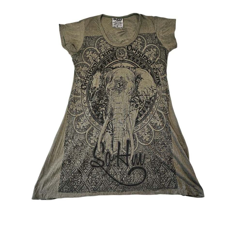 Sure Original Elephant Graphic T-Shirt Dress Olive Green Mandala Boho Medium